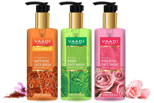 Pack of 3 Luxurious Face Wash - Skin Whitening Saffron, Anti-Acne Neem & Insta Glow Pink Rose Face Wash ( 3 x 250 ml / 8.5 fl oz )