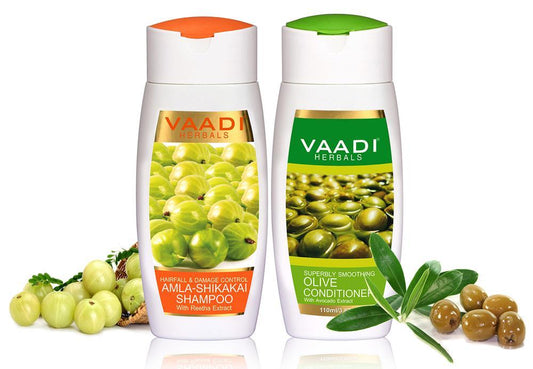 Hairfall & Damage Control  amla shikakal  Organic Shampoo (Indian Gooseberry Extract) - Multi Vitamin Rich Olive Conditioner with Avocado Extract (2 x 110 ml/ 4 fl oz)