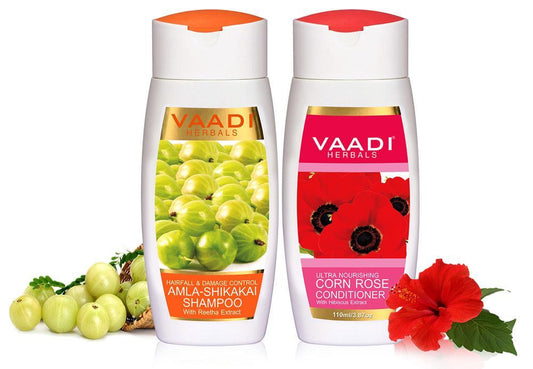 Hairfall & Damage Control Organic Shampoo (Indian Gooseberry Extract) - Ultra Nutrient Rich Corn Rose Conditioner with Hibiscus Extract (2 x 110 ml / 4 fl oz)
