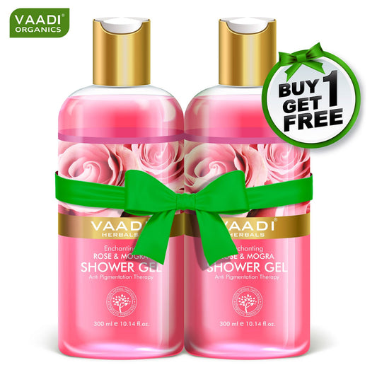 Enchanting Organic Rose & Mogra Shower Gel - Skin Brightening Therapy Lightens Spots & Patches (300 ml / 10.2 fl oz) (Buy 1 Get 1 Free)