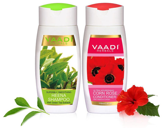 Superbly Smoothing Organic Heena Shampoo with Green Tea Extract - Ultra Nutrient Rich Corn Rose Conditioner ( 2 x 110 ml/ 4 fl oz)