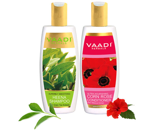Superbly Smoothing Organic Heena Shampoo with Green Tea Extract - Ultra Nutrient Rich Corn Rose Conditioner ( 2 x 350 ml/ 12 fl oz)