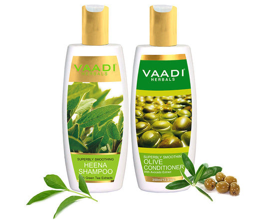 Superbly Smoothing Organic Heena Shampoo with Green Tea Extract - Multi Vitamin Rich Olive Conditioner with Avocado Extract (2 x 350 ml/ 12 fl oz)