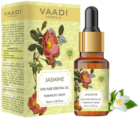 Organic Jasmine Essential Oil - Nourishes Dry & Damaged Hair, Improves Sleep, Uplifts Mood, Reduces Acne & Blemishes - 100% Pure Therapeutic Grade (10 ml/ 0.33 oz)