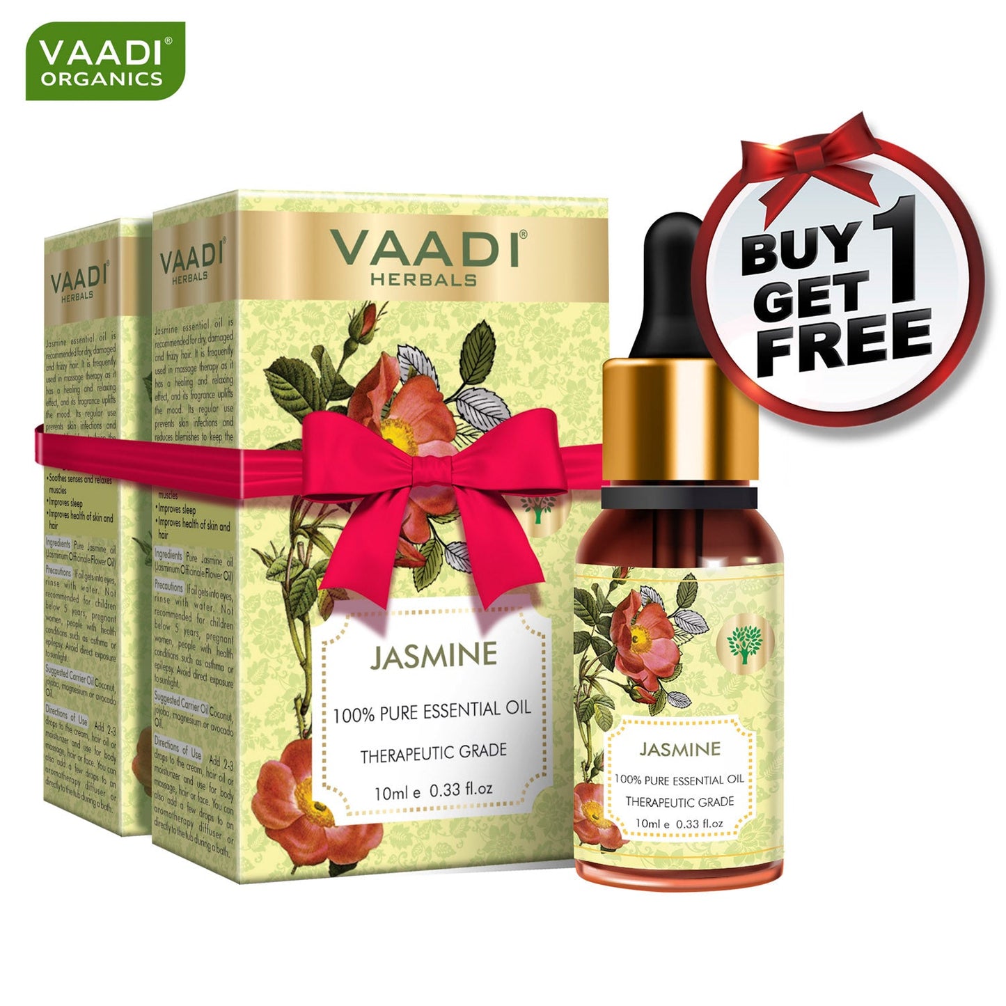 Organic Jasmine Essential Oil - Nourishes Dry & Damaged Hair, Improves Sleep, Uplifts Mood, Reduces Acne & Blemishes - 100% Pure Therapeutic Grade (10 ml/ 0.33 oz) (Buy 1 Get 1 Free)