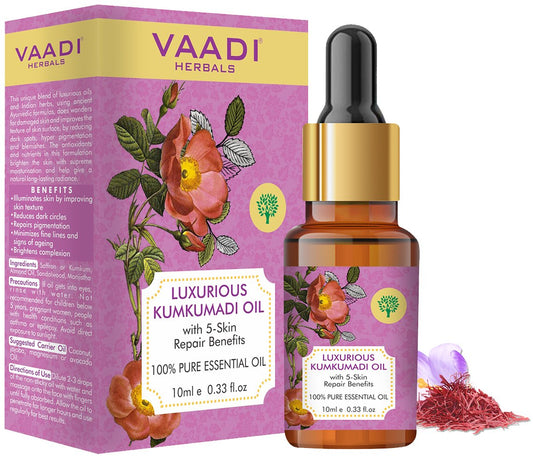 Organic Luxurious Kumkumadi Oil (Pure Mix of Saffron, Sandalwood, Manjistha & Almond Oil) - Reduces Dark Circles, Pigmentation & Brightens Complexion (10 ml/ 0.33 oz)
