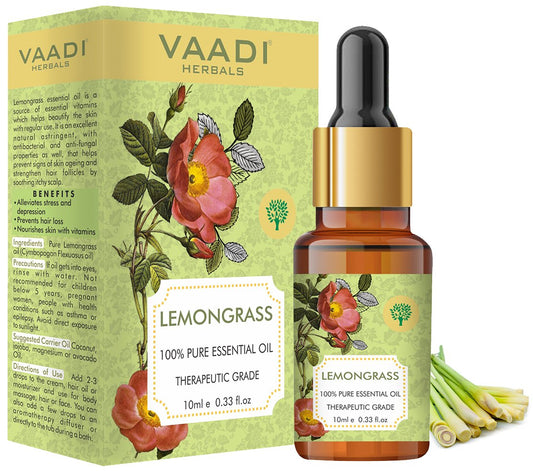 Organic Lemongrass Essential Oil - Reduces Stress & Depression, Prevents Hairfall, Prevents Skin Ageing - 100% Pure Therapeutic Grade (10 ml/ 0.33 oz)