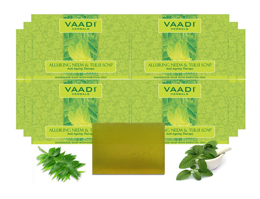 Organic Alluring Neem Tulsi Soap with Aloe Vera, Vitamin E & Tea Tree Oil - Prevents Ageing - Protects Skin (12 x 75 gms / 2.7 oz)