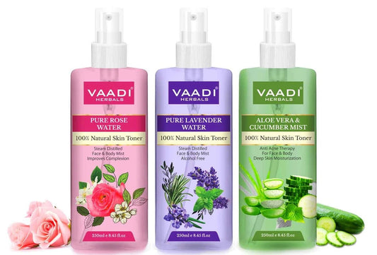 Rose Water, Lavender Water and Aloe Vera & Cucumber Mist - 100% Natural & Pure (250 ml x 3)