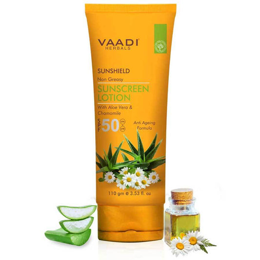 Organic Sunscreen Lotion SPF 50 with Aloe Vera & Chamomile - Non Greasy Long Lasting Soothes Burnt Skin (110 ml/ 4 fl oz)
