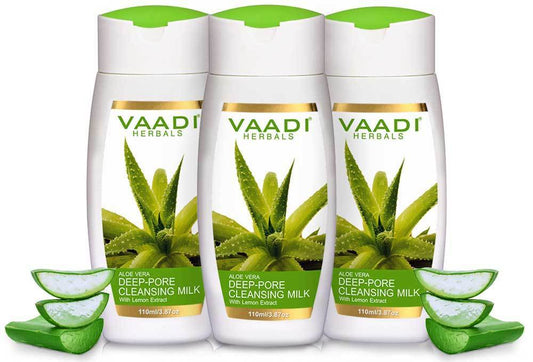 Organic Aloe Vera Deep Pore Cleansing Milk with Lemon Extract - Cleanses & Softens Skin Locks In Moisture All Day (3 x 110 ml/ 4 fl oz)
