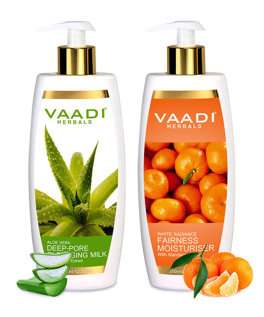 Organic Aloe Vera Deep Pore Cleansing Milk with Skin Brightening Lotion with Mandarin Extract (2 x 350 ml/ 12 fl oz)