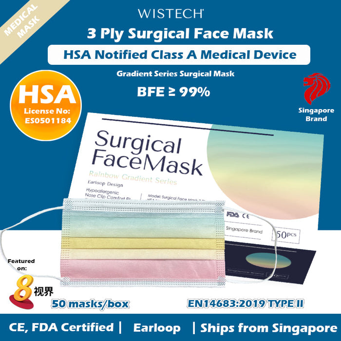Wistech 3 ply Rainbow Gradient Series Surgical Face Mask, Medical Mask. HSA Notified Class A Medical Device with BFE of 99%. It is CE, and FDA certified.