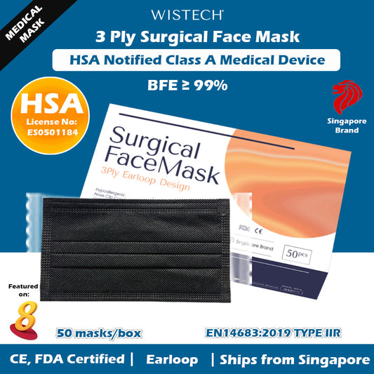 [Individually Sealed] Black Wistech 3 Ply Surgical Face Mask, 50 pieces