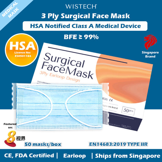 [Individually Sealed] Blue Wistech 3 Ply Surgical Face Mask, 50 pieces