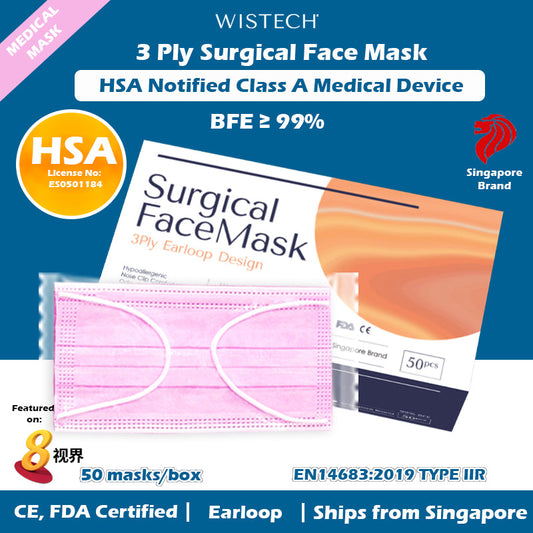 [Individually Sealed] Pink Wistech 3 Ply Surgical Face Mask, 50 pieces