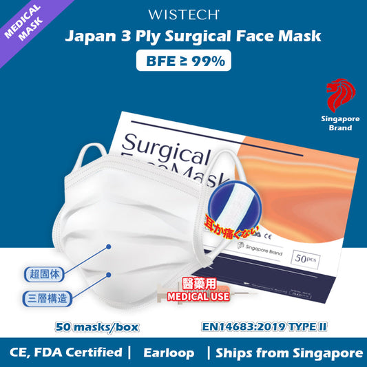 [JAPAN DESIGN THICK EARLOOP] White Wistech 3 Ply Surgical Face Mask, 50 pieces per bag, BFE 99%