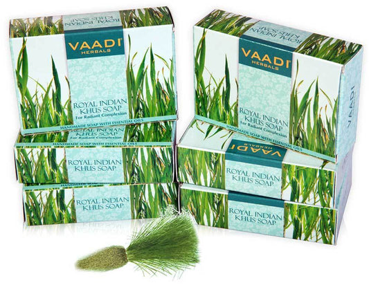 Royal India Organic Khus (Vetiver) Soap with Olive & Soyabean Oil - Rejuvenates Skin - Boosts Cellular Renewal ( 6 x 75 gms / 2.7 oz)