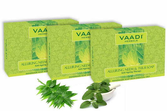 Organic Alluring Neem Tulsi Soap with Aloe Vera, Vitamin E & Tea Tree Oil - Prevents Ageing Protects Skin (3 x 75 gms / 2.7 oz)