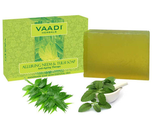 Organic Alluring Neem Tulsi Soap with Aloe Vera, Vitamin E & Tea Tree Oil - Prevents Ageing Protects Skin (75 gms / 2.7 oz)
