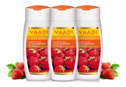 Organic Strawberry Scrub Moisturising Lotion with Walnut Grains- Lightens Skin Tone - Reduces Pigmentation _ Removes Dead Cells (3 x 110 ml/ 4 fl oz)