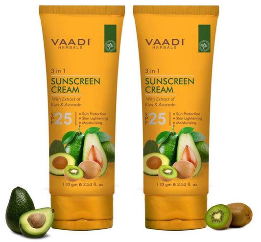 Organic Sunscreen Cream SPF 25 with Kiwi & Avocado Extract - Protects & Nourishes Skin - Enhances Complexion (2 x 110 gms / 4 oz)