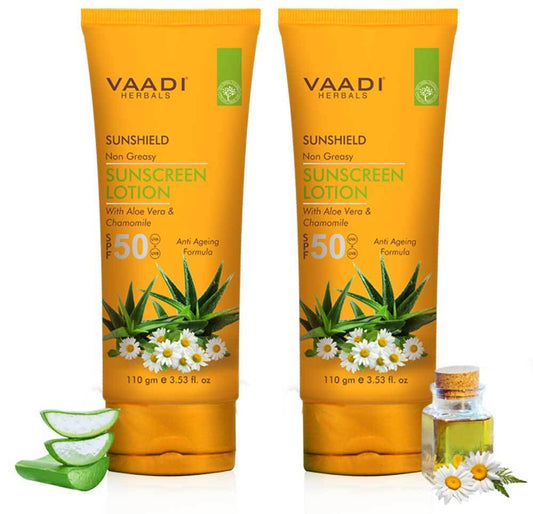 Organic Sunscreen Lotion SPF 50 with Aloe Vera & Chamomile - Non Greasy - Long Lasting _ Soothes Burnt Skin (2 x 110 ml/ 4 fl oz)