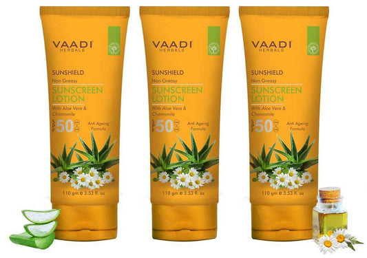 Organic Sunscreen Lotion SPF 50 with Aloe Vera & Chamomile - Non Greasy - Long Lasting _ Soothes Burnt Skin (3 x 110 ml/ 4 fl oz)