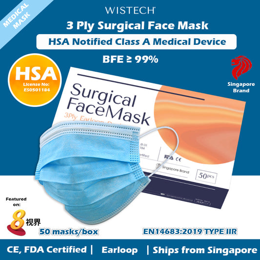 Wistech 3 ply blue surgical face mask, medical mask. HSA Notified Class A Medical Device with BFE of 99%, CE and FDA certified as well. 